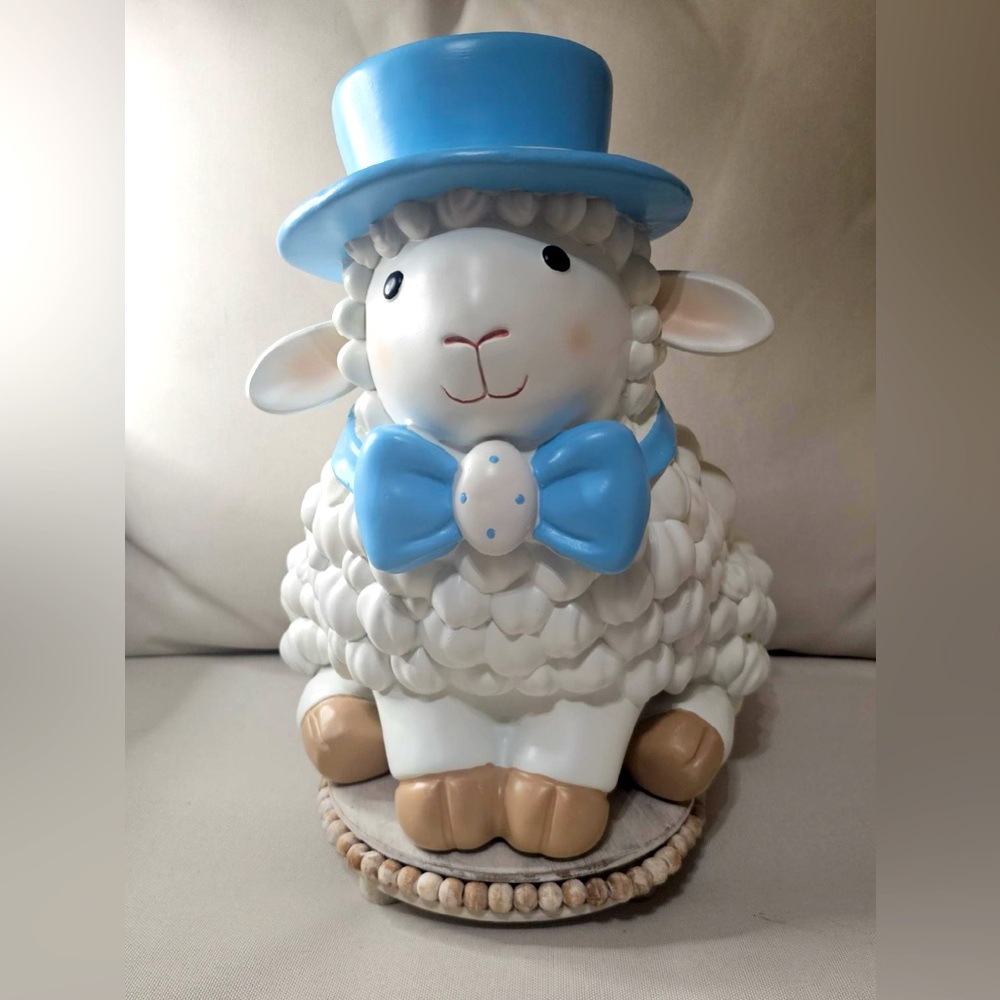 Adorable Easter Sheep Lamb Figurine with Blue Hat and Bow Large